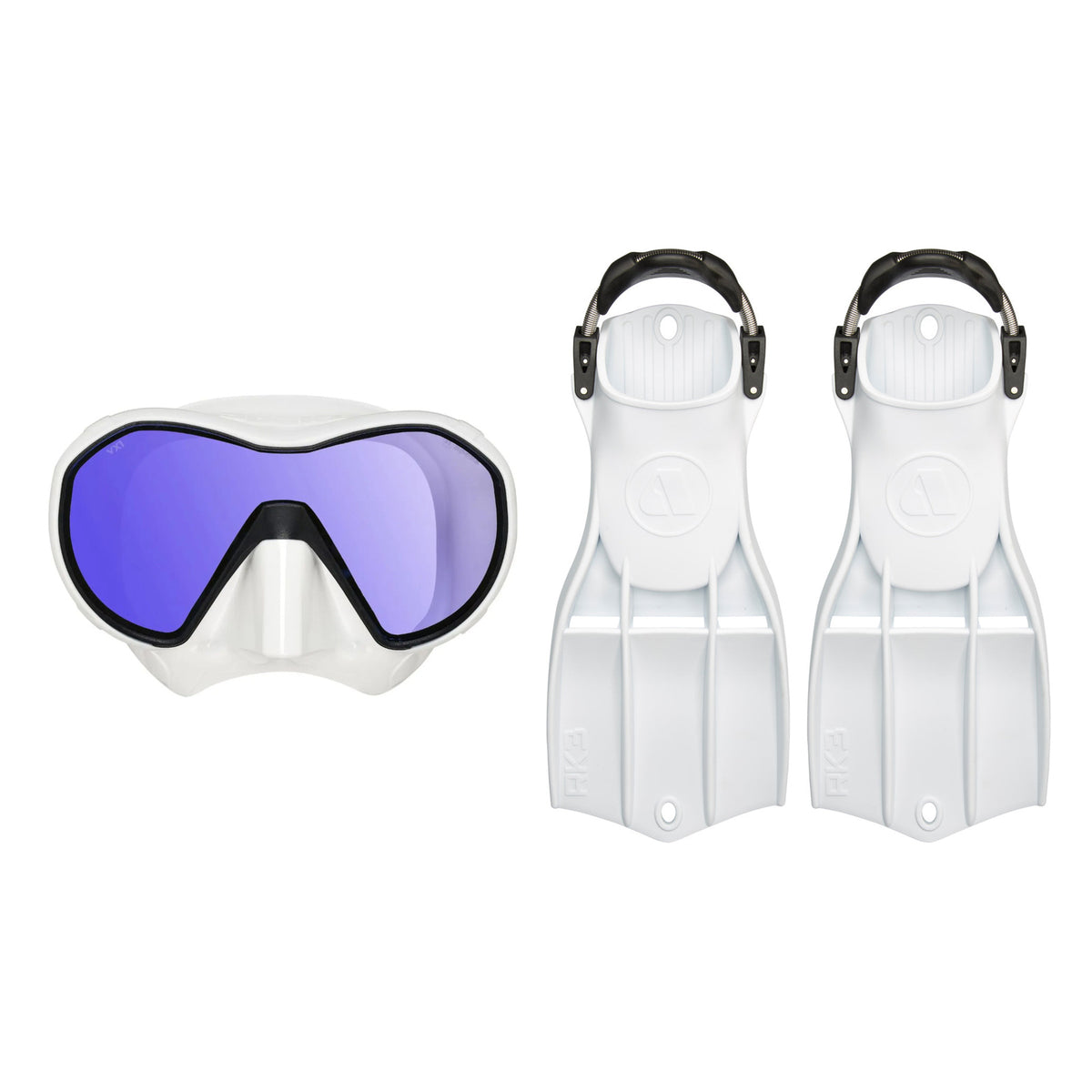 Apeks VX1 mask in white with a mirrored UV lens, and RK3 fins in white