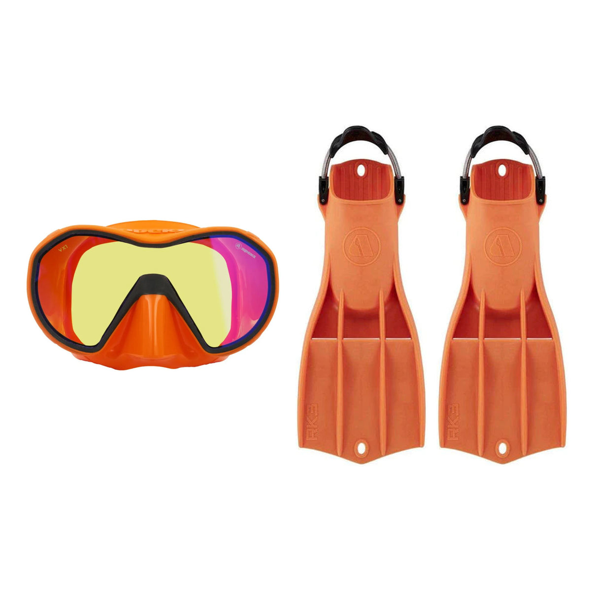 Apeks VX1 mask in orange with dark grey frame with a mirrored UV lens, and RK3 HD fins in orange