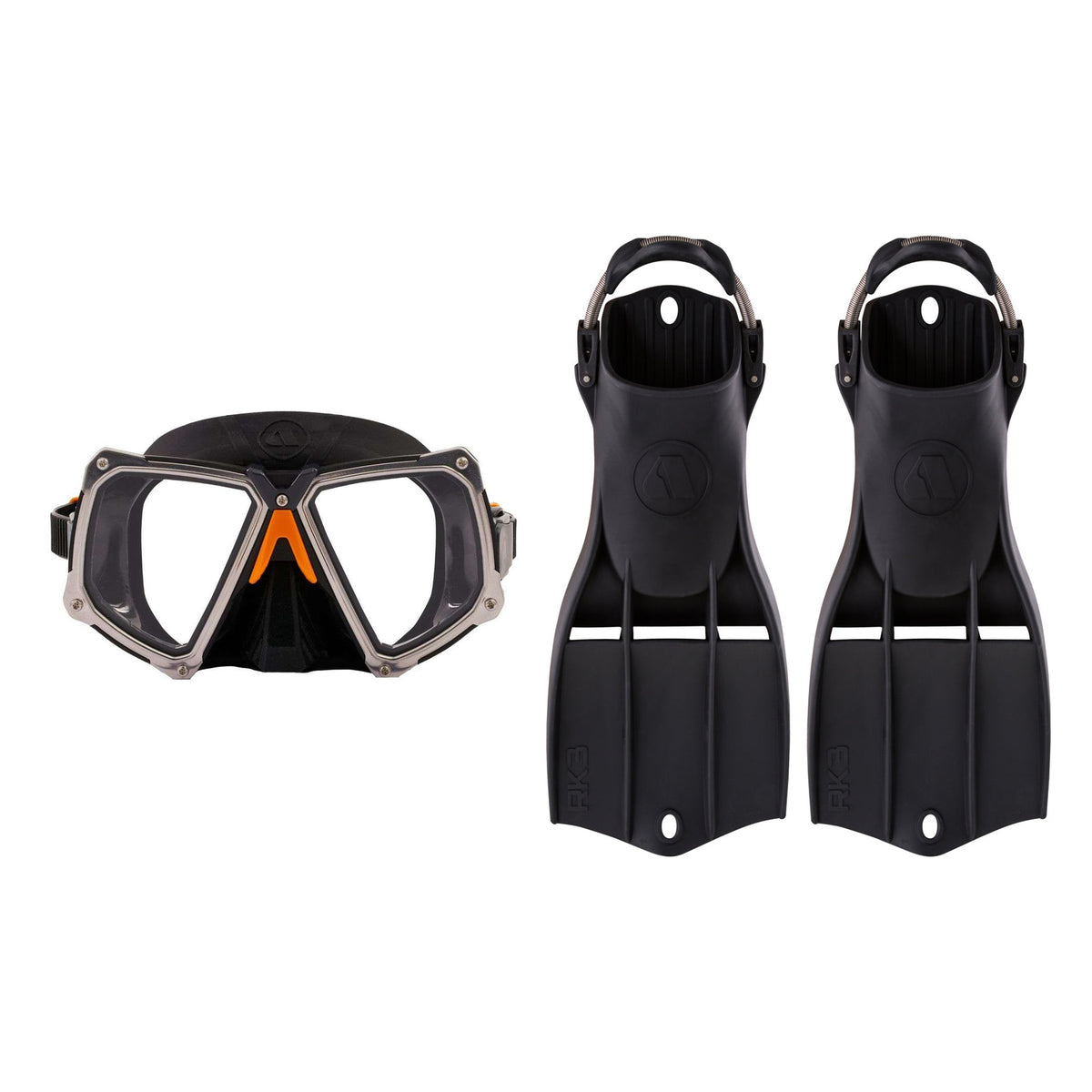 Apeks VX2 mask in black with stainless frame, and RK3 fins in black