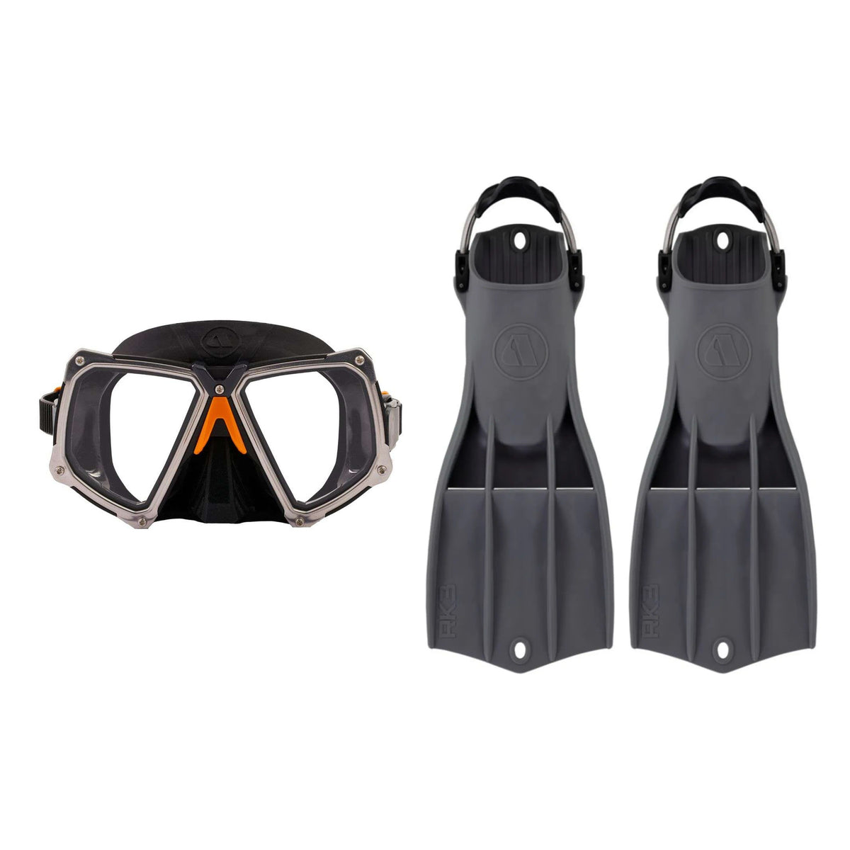 Apeks VX2 mask in black with stainless frame, and RK3 HD fins in dark grey