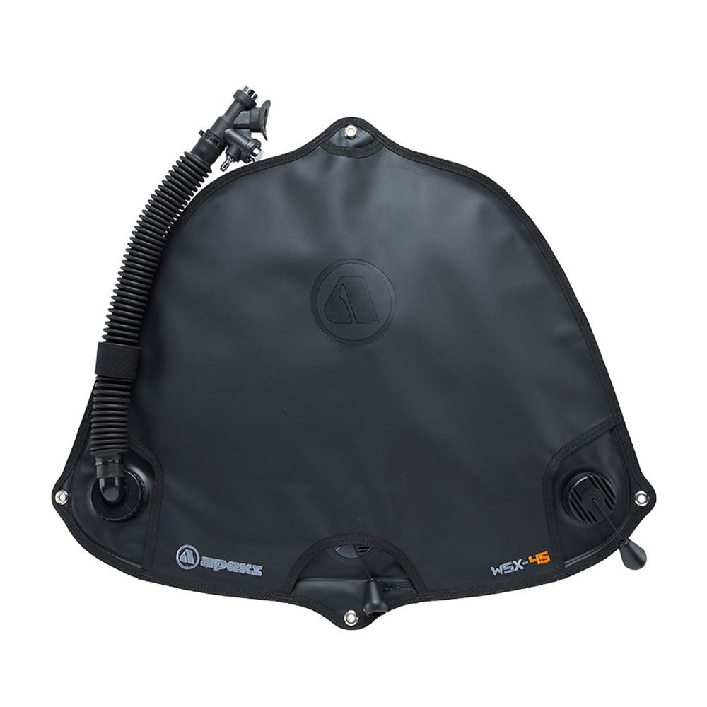 Apeks WSX-45 sidemount bladder in black, flat view showing the inflator hose and lower grommets