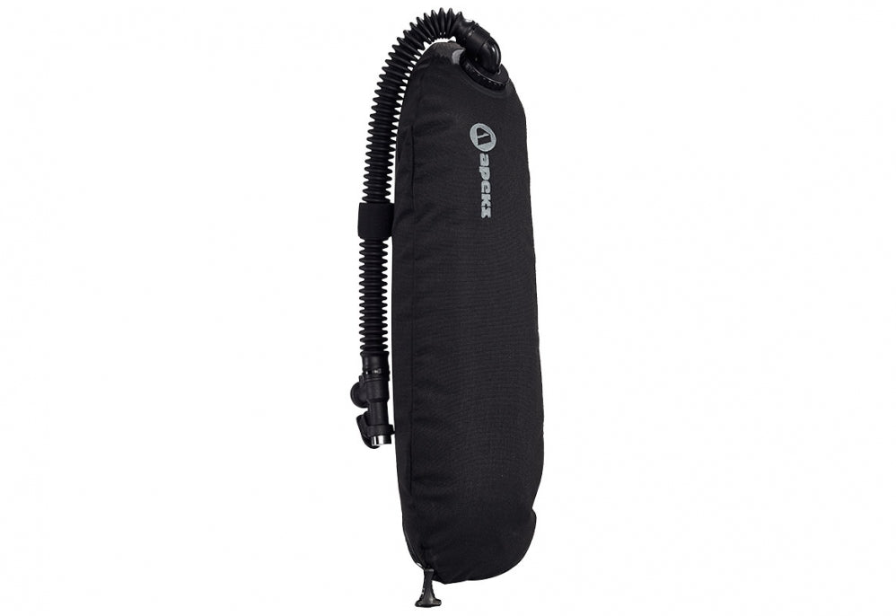 Apeks WTX-D40 single cylinder donut wing with the corrugated inflator hose, showing the cylinder mounting slots