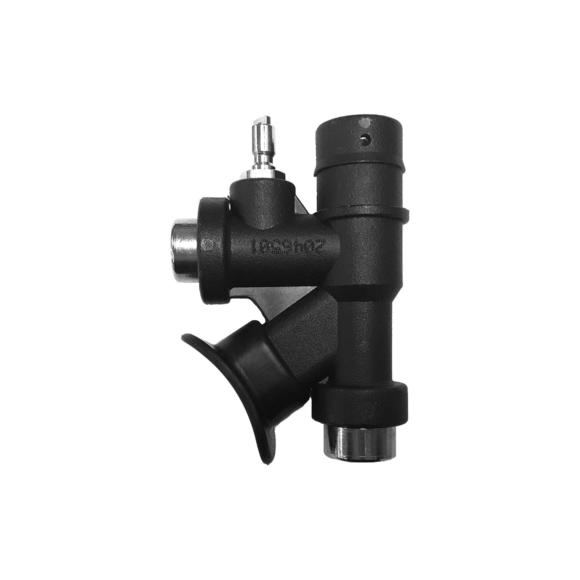 Apeks WTX K style inflator in black, showing the mouthpiece, buttons and quick connect fitting