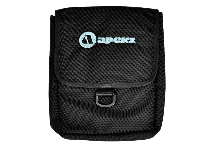 Apeks WTX thigh pocket in black, front view showing the logo flap and D-ring