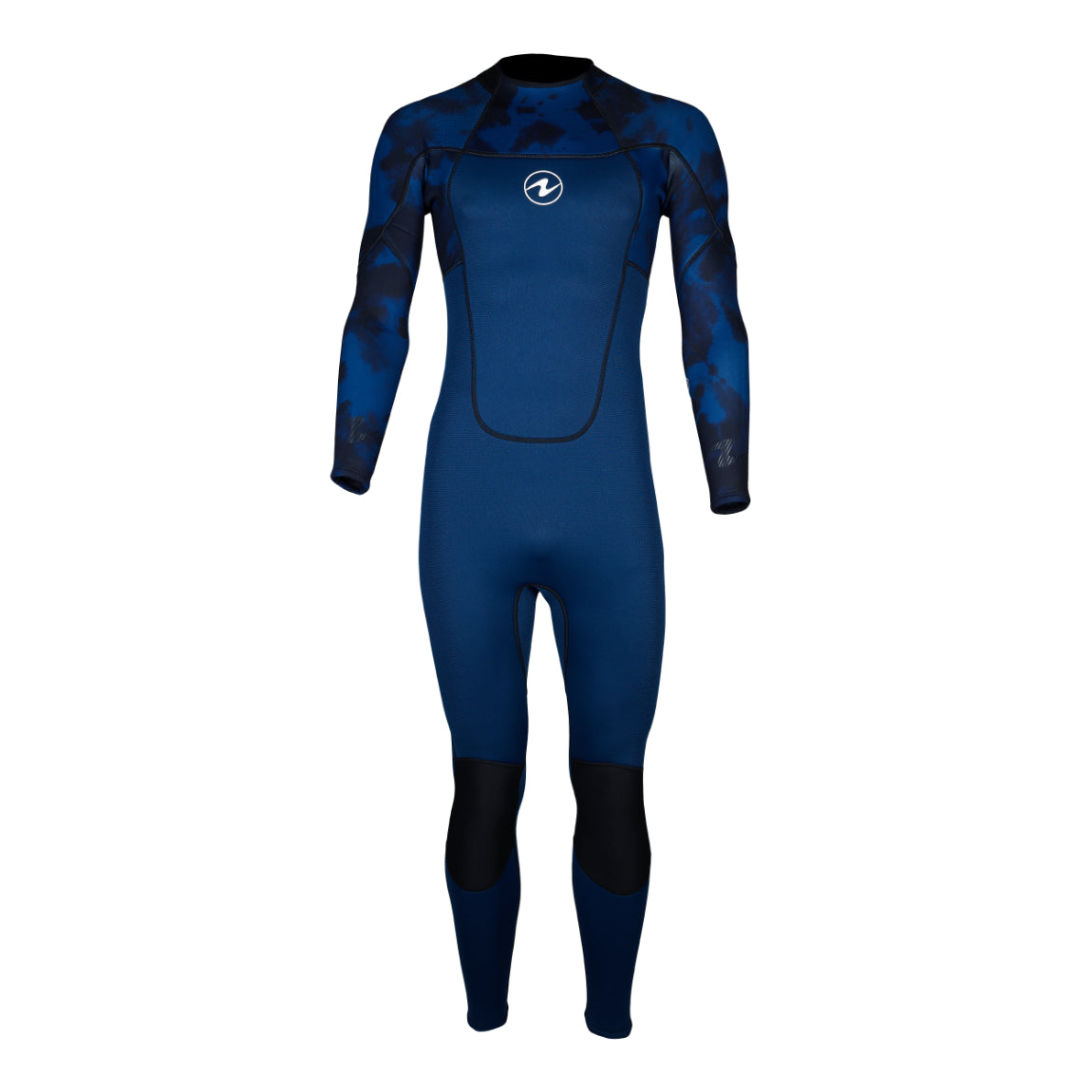Aqua Lung Hydroflex 3 mm men's full wetsuit in navy with a blue print on the shoulders and arms, front view