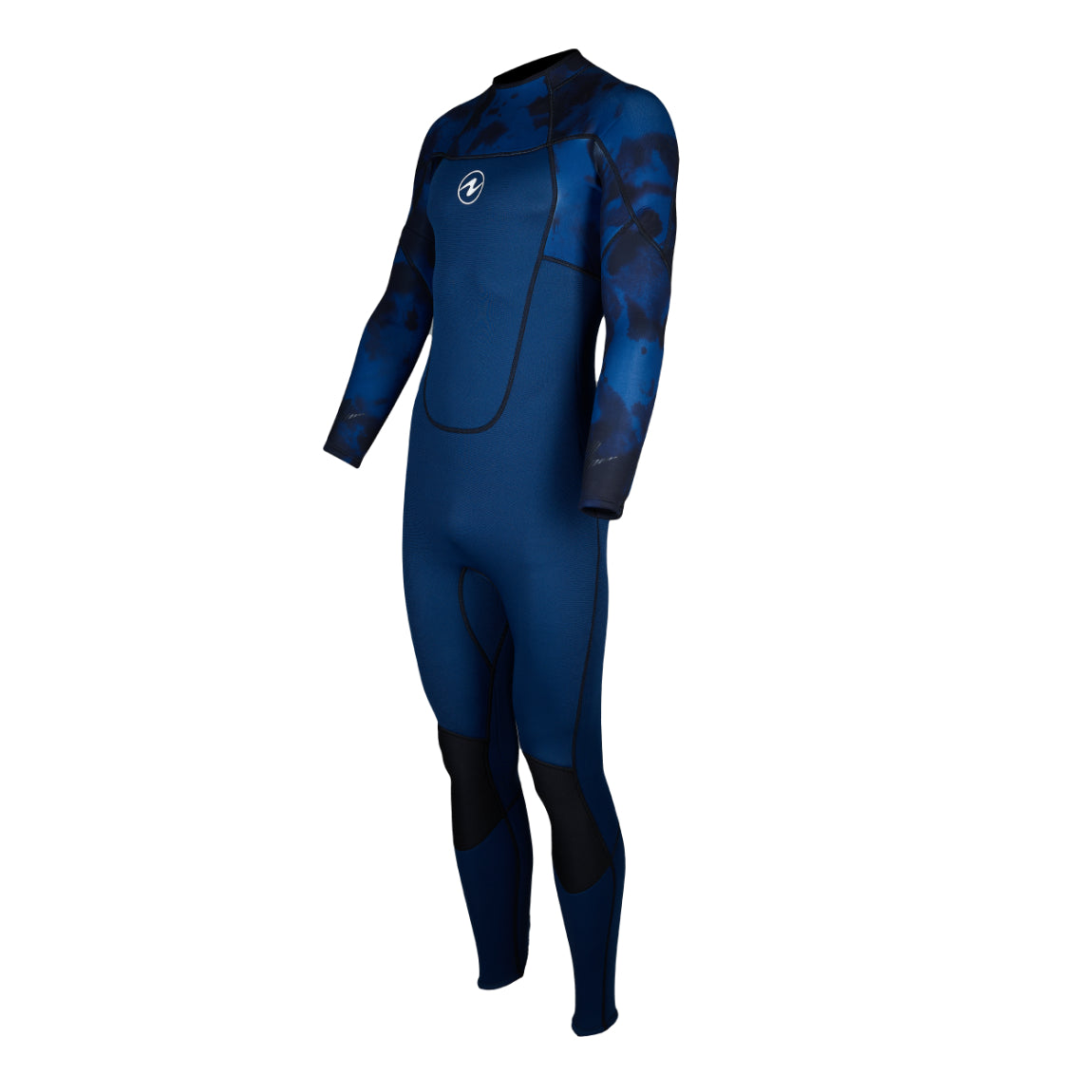 Aqua Lung Hydroflex 3 mm men's full wetsuit in navy with a blue print on the shoulders and arms, front view