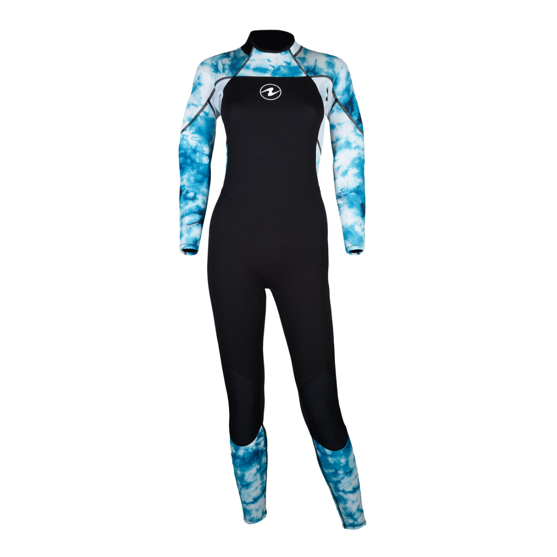 Aqua Lung Hydroflex 3 mm women's full wetsuit in black with a turquoise print on the arms and lower legs, front view