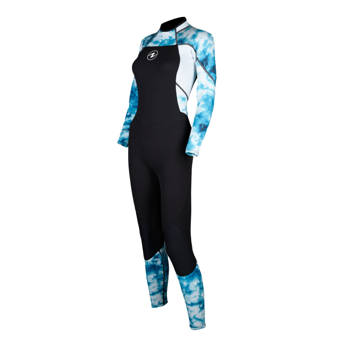 Aqua Lung Hydroflex 3 mm women's full wetsuit in black with a turquoise print on the arms and lower legs, front view