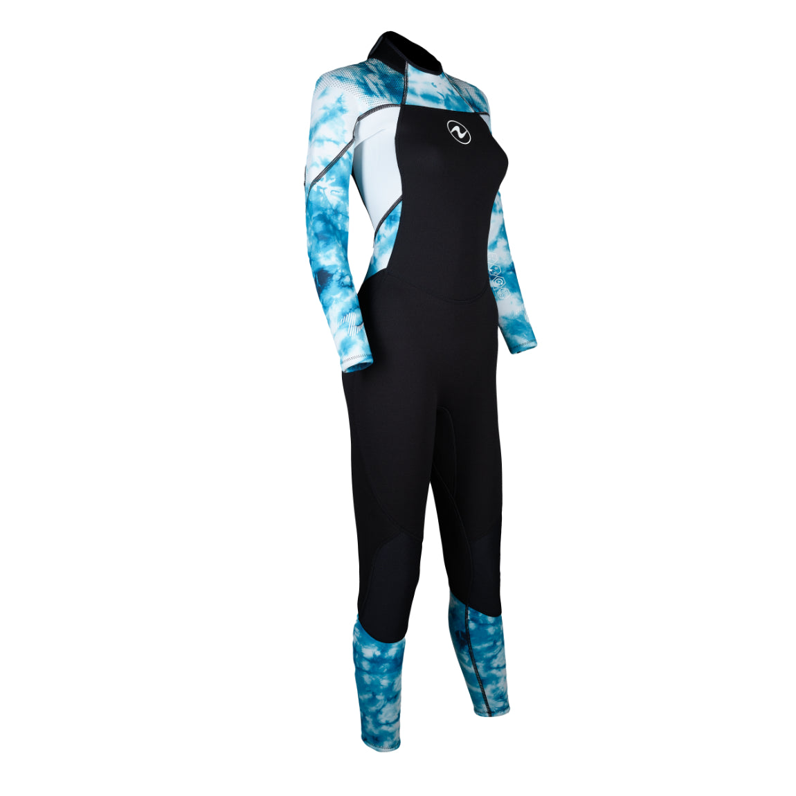 Aqua Lung Hydroflex 3 mm women's full wetsuit in black with a turquoise print on the arms and lower legs, front view