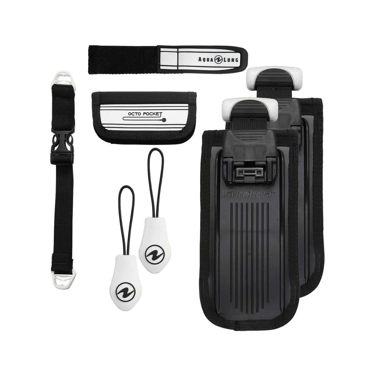 Aqua Lung Omni Colour Kit in white, laid out showing the back pad strap, weight pockets, octo pocket, console holder and zipper pulls