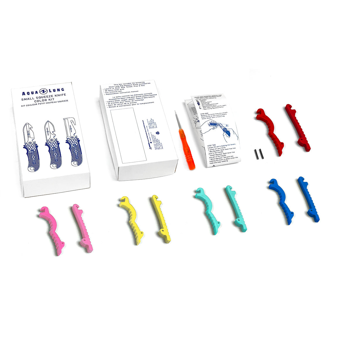 Aqua Lung Small Squeeze Colour Kit laid out, showing levers in red, pink, yellow, teal and blue with the tool, pins and instructions
