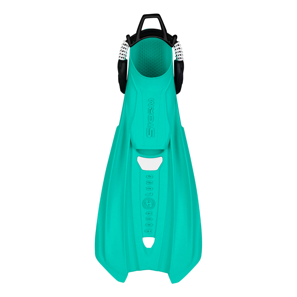 Aqua Lung Storm fin in glacier, top view showing the blade, foot pocket and bungee strap