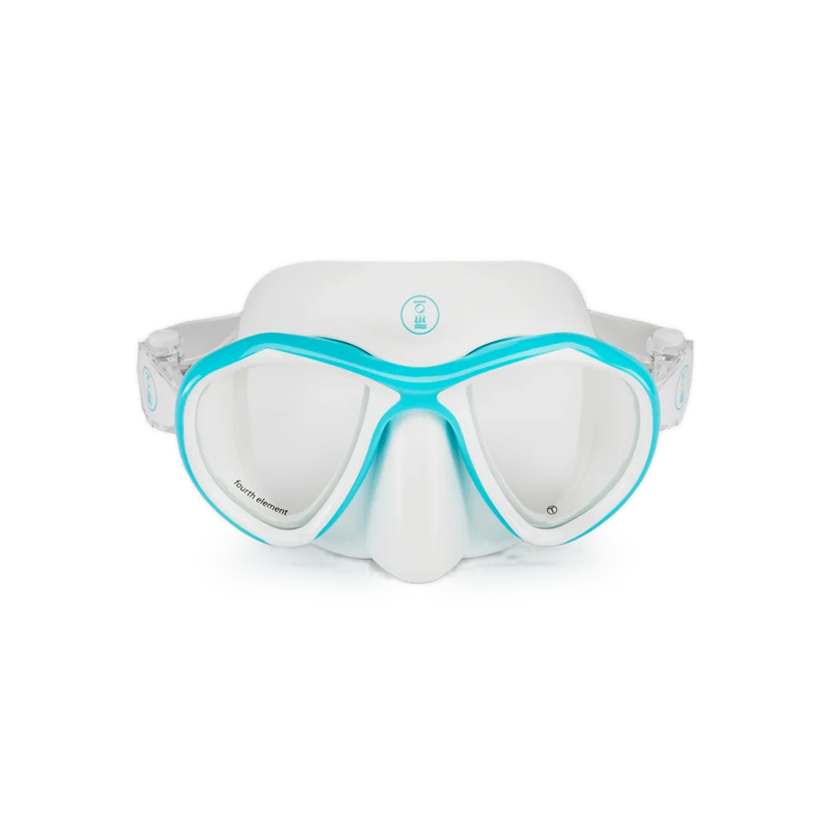 Fourth Element Aquanaut twin-lens dive mask with a white silicone skirt and aqua frame, seen from the front