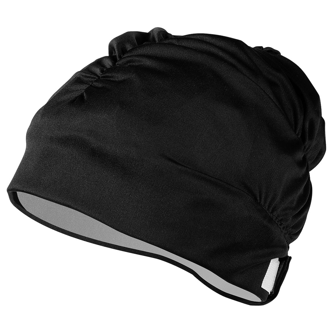 Aquasphere Aqua Comfort fabric swim cap in black with a gathered back and adjustable band