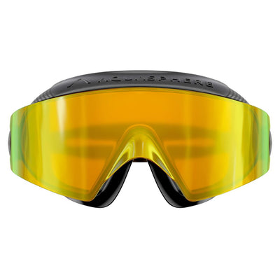 Aquasphere Defy Ultra swim mask with yellow mirrored lens and black frame, front view