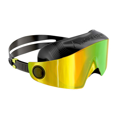 Aquasphere Defy Ultra swim mask with yellow mirrored lens and black frame, angled view
