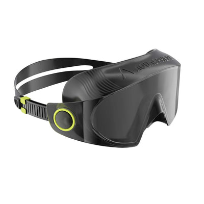 Aquasphere Defy Ultra swim mask with smoke lens and black frame, angled view