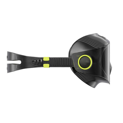 Aquasphere Defy Ultra swim mask with smoke lens and black frame, view from behind showing the strap