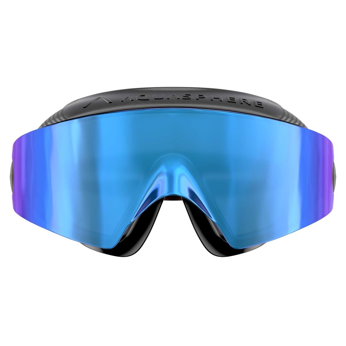 Aquasphere Defy Ultra swim mask with indigo mirrored lens and black frame, front view