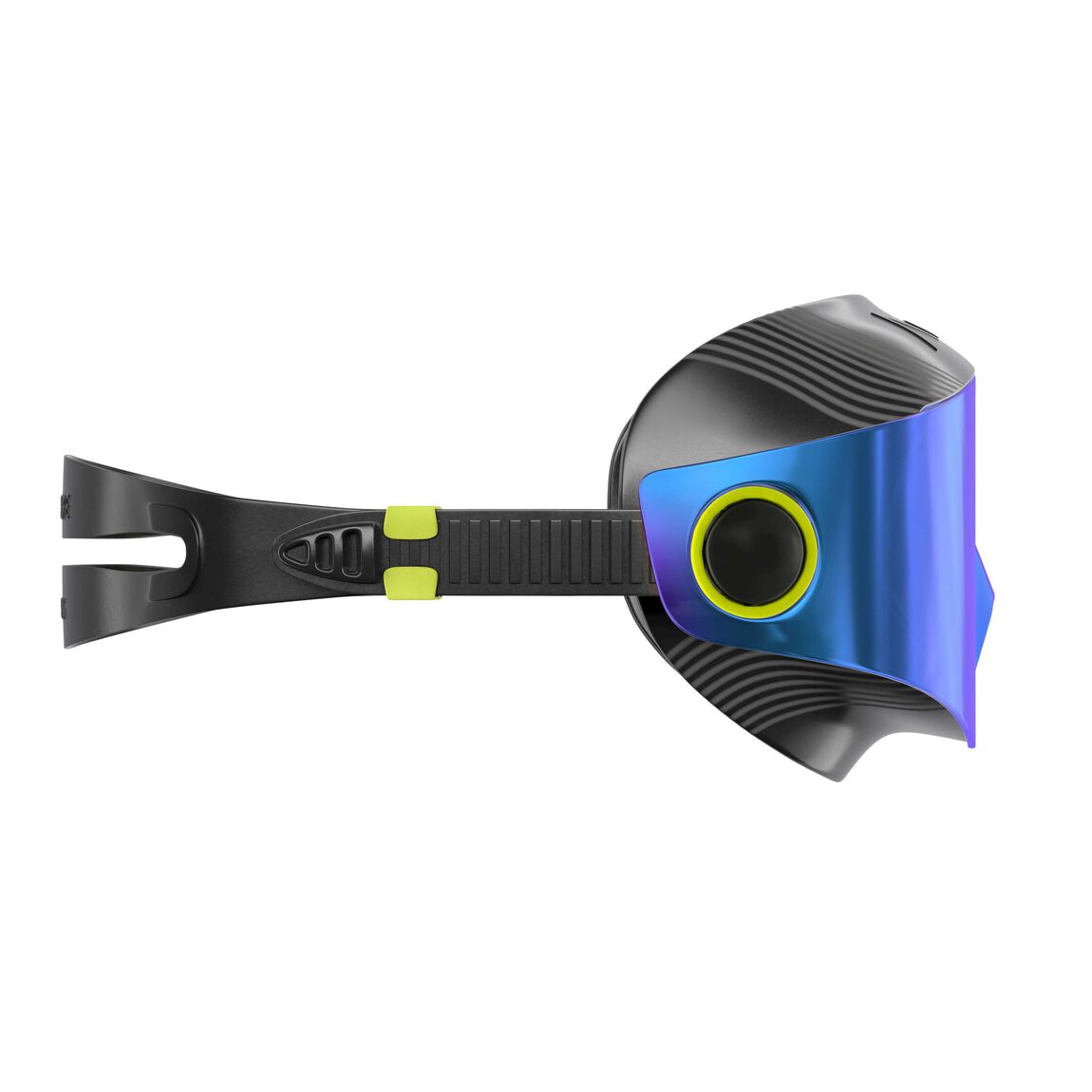Aquasphere Defy Ultra swim mask with indigo mirrored lens and black frame, second angled view