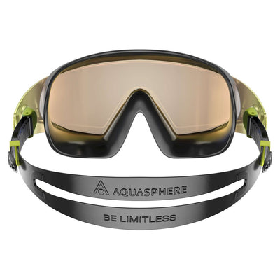 Aquasphere Defy Ultra swim mask with indigo mirrored lens and black frame, view from behind showing the strap
