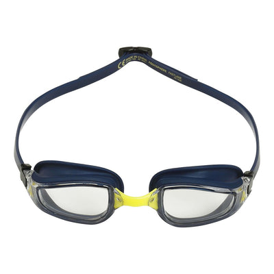 Aquasphere Fastlane swim goggles with clear lens and navy and yellow frame, front view