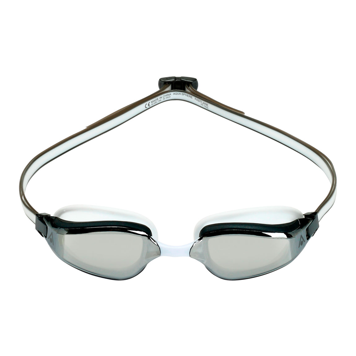 Aquasphere Fastlane swim goggles with silver mirrored lens and grey and white frame, front view