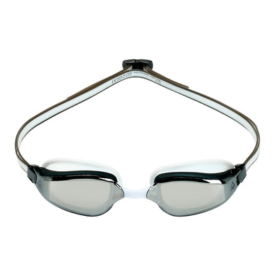 Aquasphere Fastlane swim goggles with silver mirrored lens and grey and white frame, front view