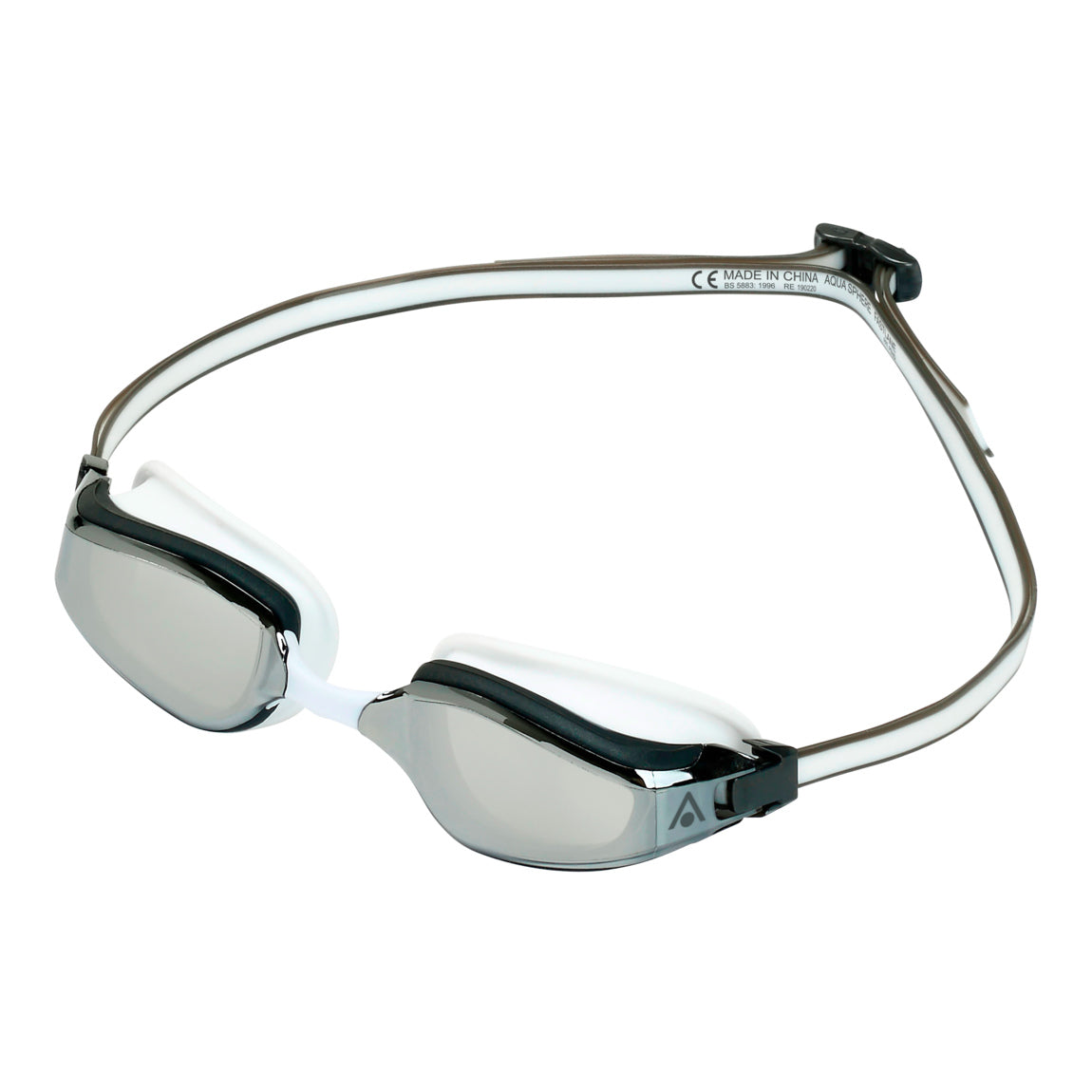 Aquasphere Fastlane swim goggles with silver mirrored lens and grey and white frame, angled view