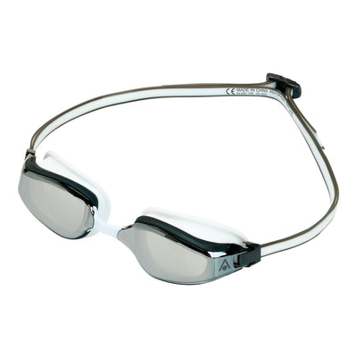 Aquasphere Fastlane swim goggles with silver mirrored lens and grey and white frame, angled view
