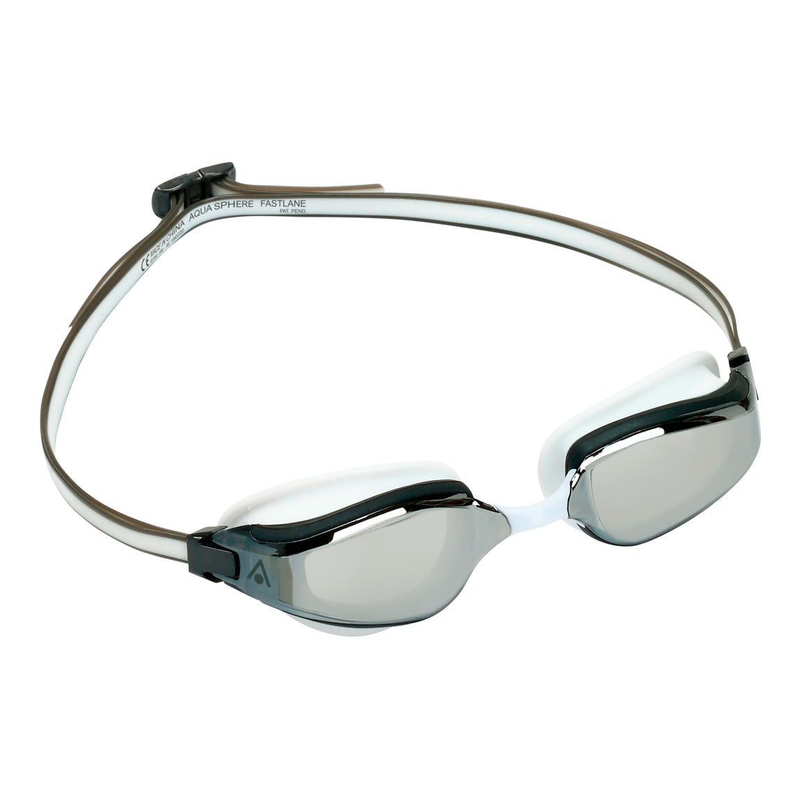 Aquasphere Fastlane swim goggles with silver mirrored lens and grey and white frame, second angled view