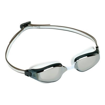 Aquasphere Fastlane swim goggles with silver mirrored lens and grey and white frame, second angled view