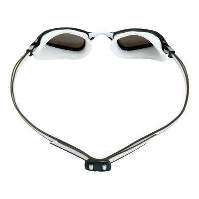 Aquasphere Fastlane swim goggles with silver mirrored lens and grey and white frame, view from behind showing the strap