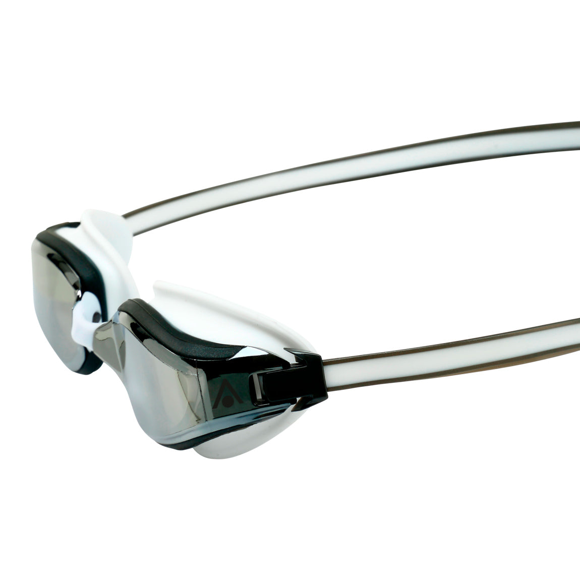 Aquasphere Fastlane swim goggles with silver mirrored lens and grey and white frame, side detail view