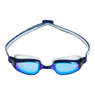 Aquasphere Fastlane swim goggles with blue mirrored lens and blue and white frame, front view