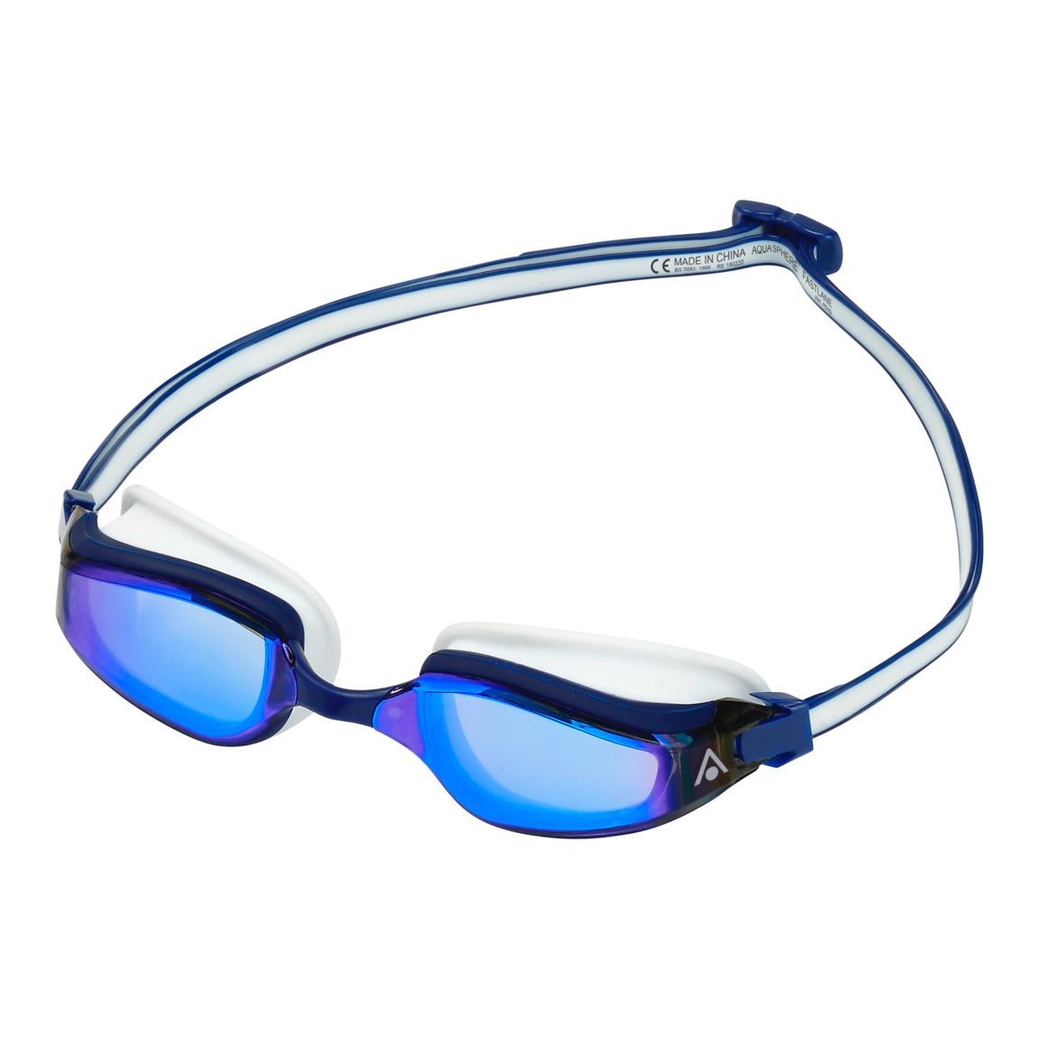 Aquasphere Fastlane swim goggles with blue mirrored lens and blue and white frame, angled view