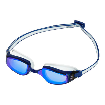 Aquasphere Fastlane swim goggles with blue mirrored lens and blue and white frame, angled view