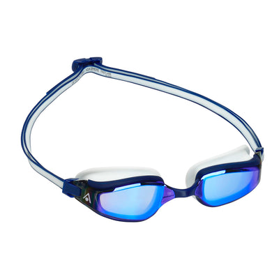 Aquasphere Fastlane swim goggles with blue mirrored lens and blue and white frame, second angled view