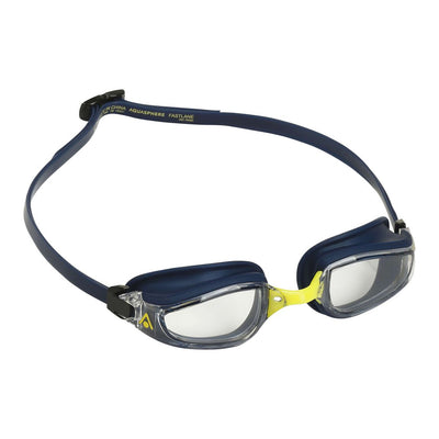 Aquasphere Fastlane swim goggles with clear lens and navy and yellow frame, angled view