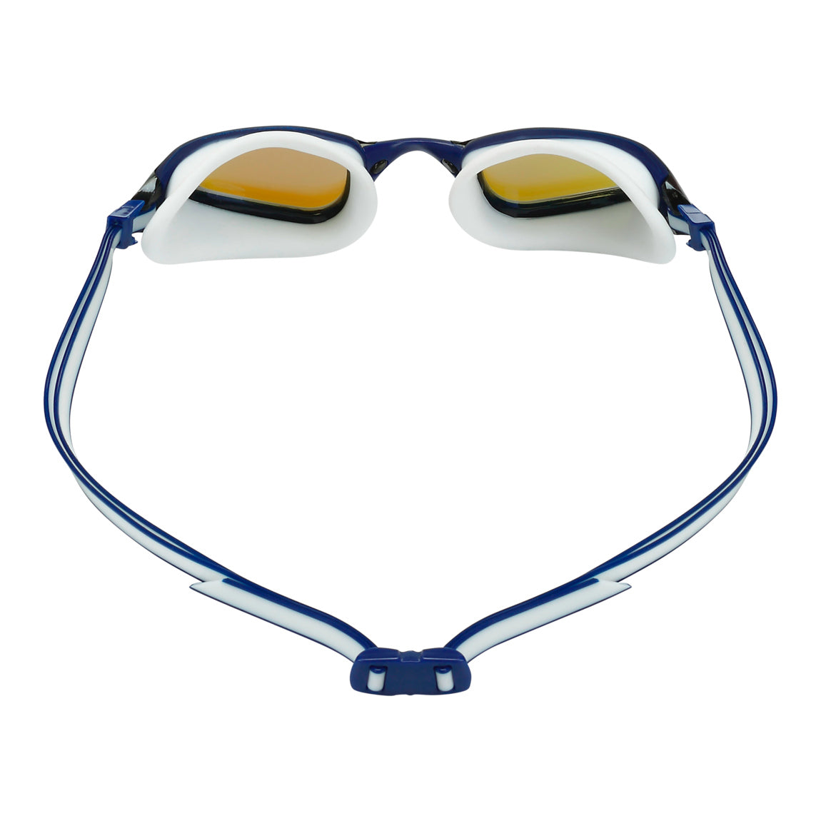 Aquasphere Fastlane swim goggles with blue mirrored lens and blue and white frame, view from behind showing the strap