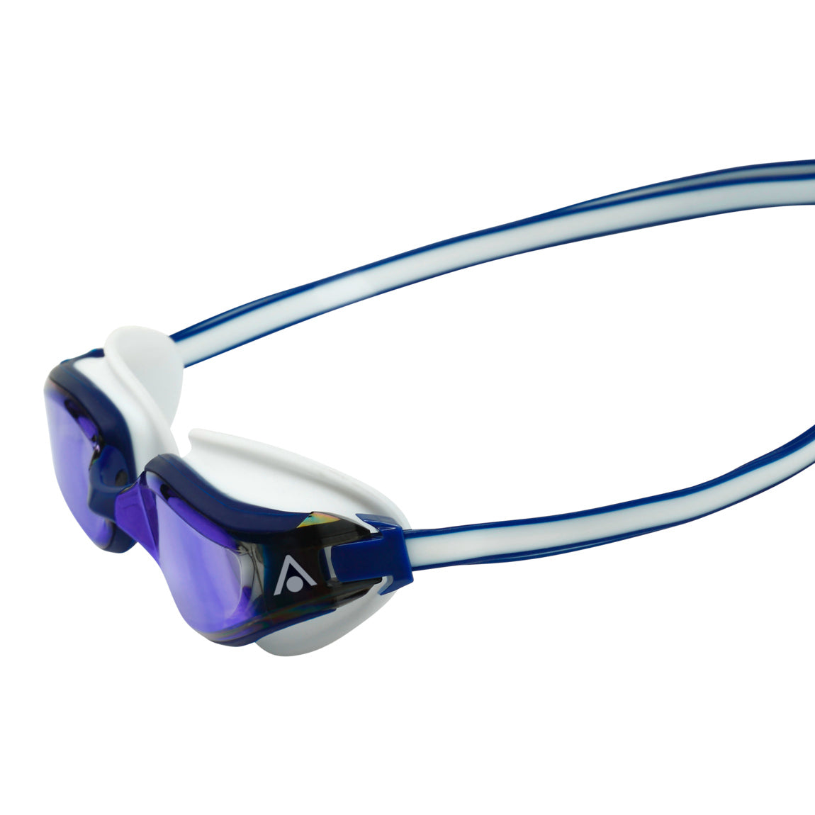 Aquasphere Fastlane swim goggles with blue mirrored lens and blue and white frame, side detail view