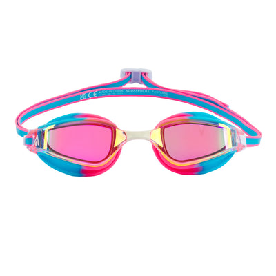 Aquasphere Fastlane swim goggles with pink mirrored lens and blue and pink frame, front view