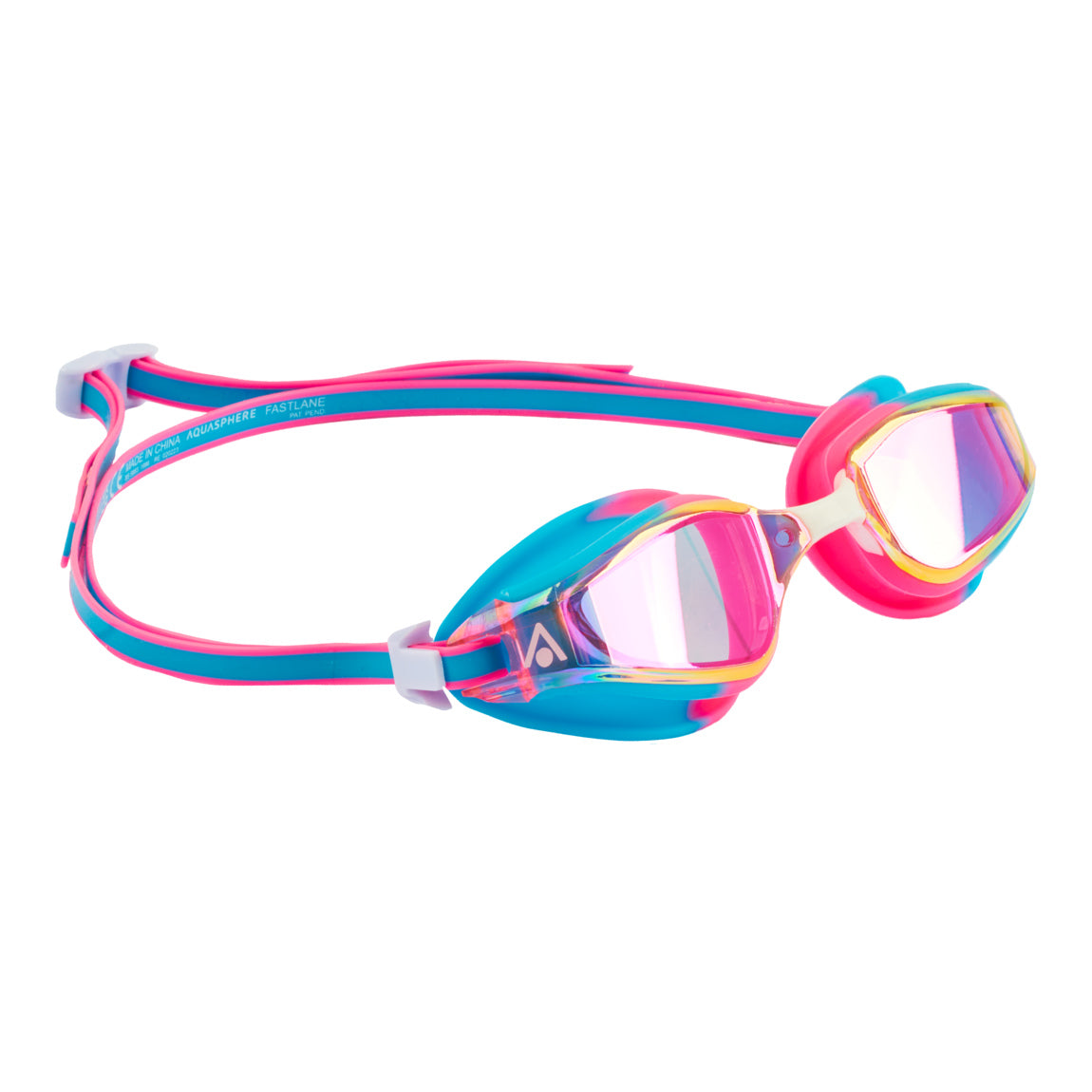 Aquasphere Fastlane swim goggles with pink mirrored lens and blue and pink frame, angled view