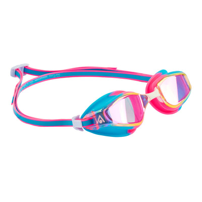 Aquasphere Fastlane swim goggles with pink mirrored lens and blue and pink frame, angled view