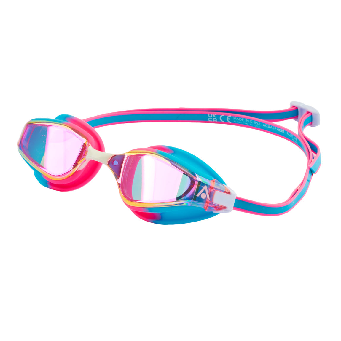 Aquasphere Fastlane swim goggles with pink mirrored lens and blue and pink frame, second angled view