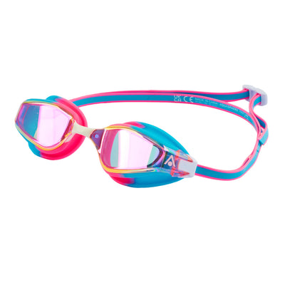 Aquasphere Fastlane swim goggles with pink mirrored lens and blue and pink frame, second angled view