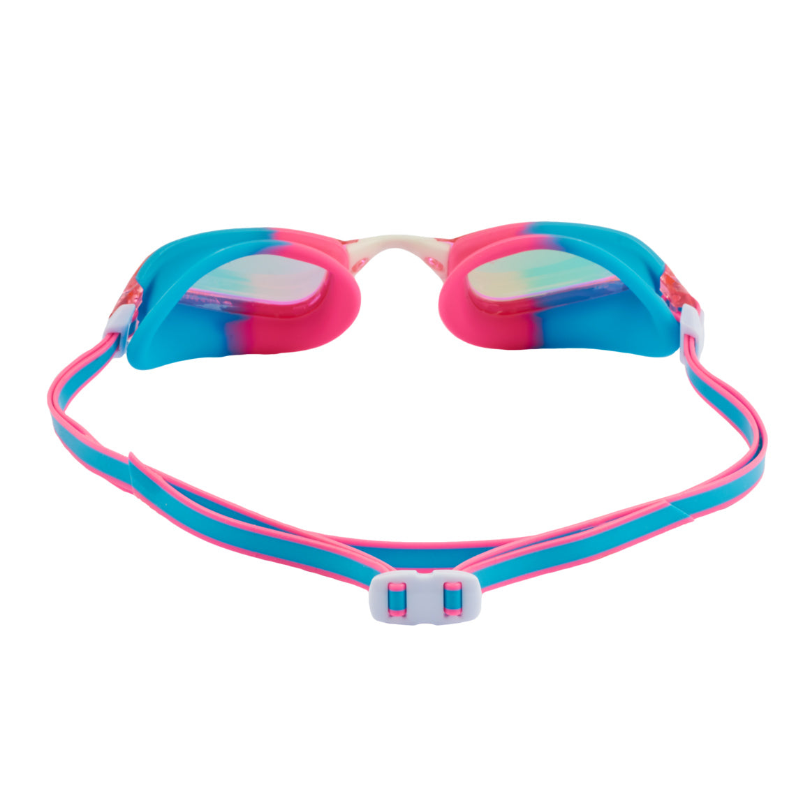 Aquasphere Fastlane swim goggles with pink mirrored lens and blue and pink frame, view from behind showing the strap