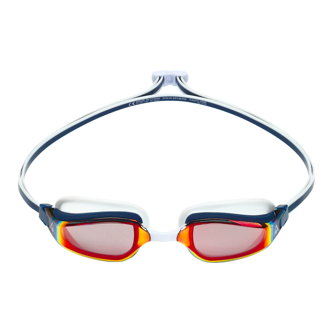 Aquasphere Fastlane swim goggles with red mirrored lens and navy and white frame, front view