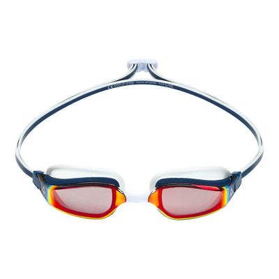 Aquasphere Fastlane swim goggles with red mirrored lens and navy and white frame, front view