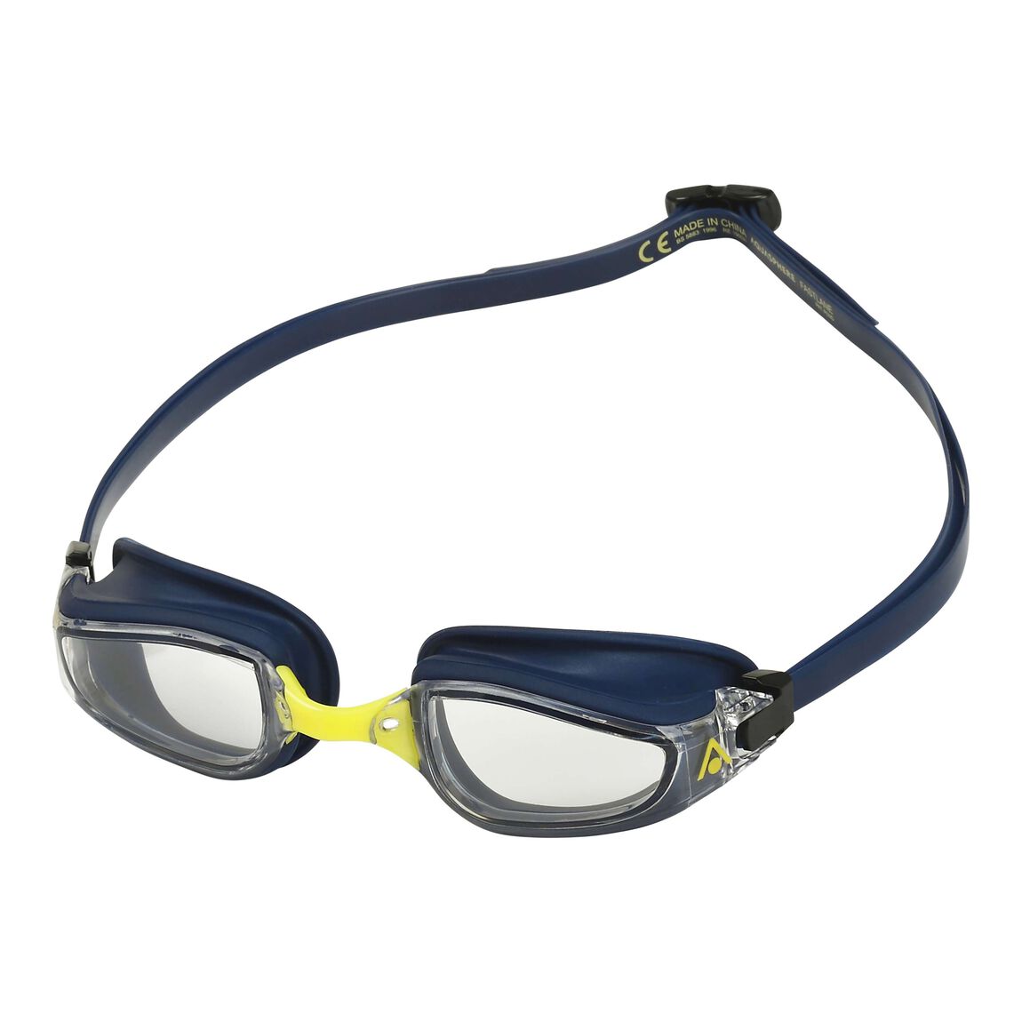 Aquasphere Fastlane swim goggles with clear lens and navy and yellow frame, front view